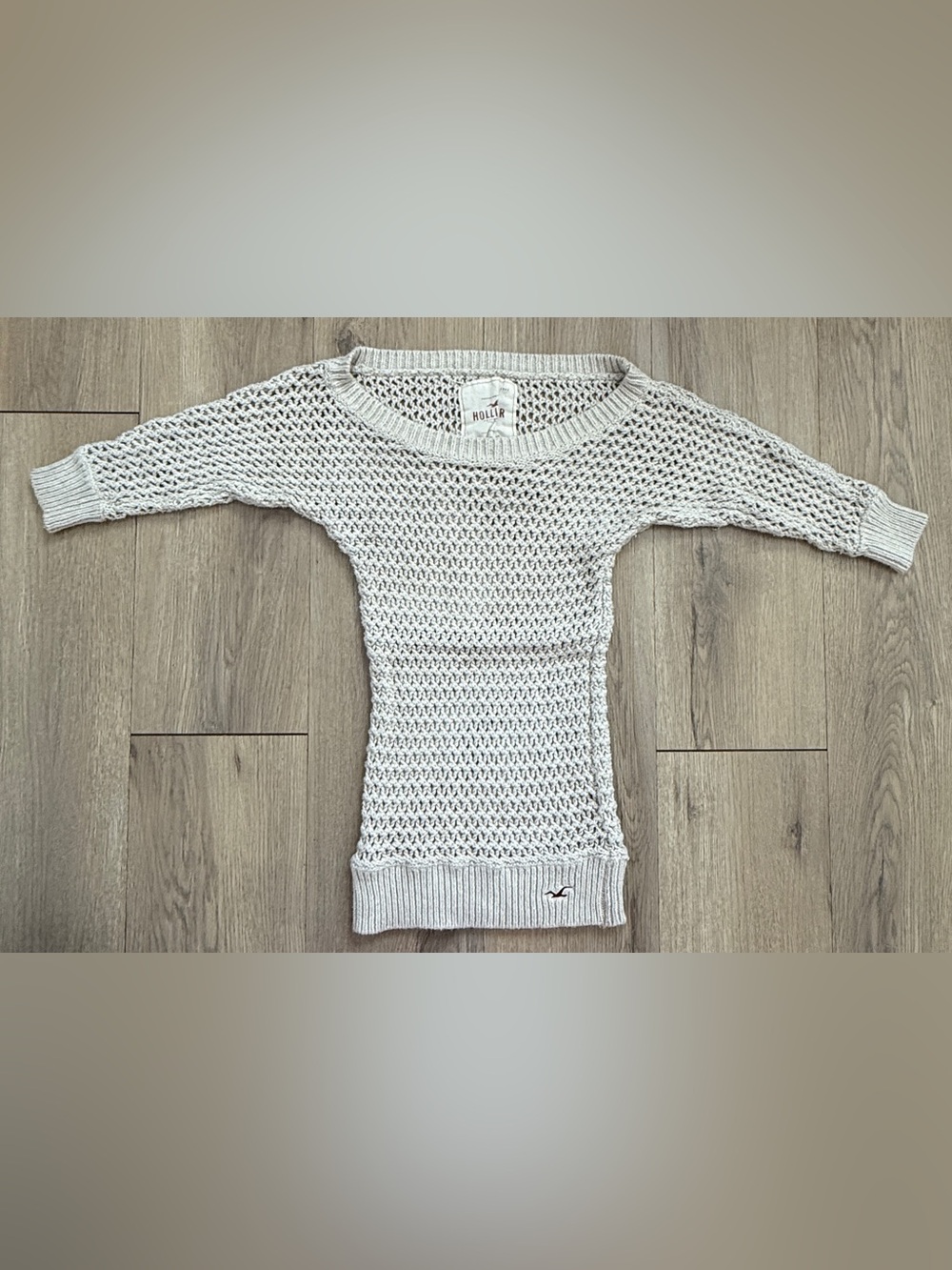 Y2K Hollister Gray Open-Knit Pullover Sweater Crew Neck 3/4 Sleeve XS